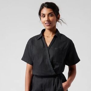 100% Linen, Athleta Playa Black Short-Sleeve Wrap Shirt